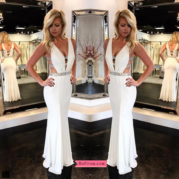 V neck Plunge Jersey Gown White Prom Dress with Mirrored Bands