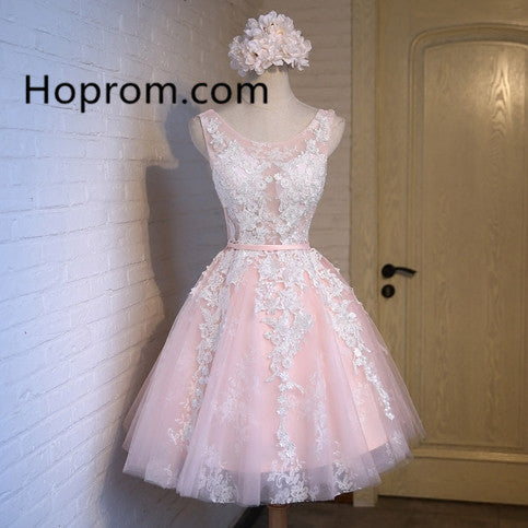 Baby Pink Applique Homecoming Dress, Chiffon Strapless Homecoming Dress