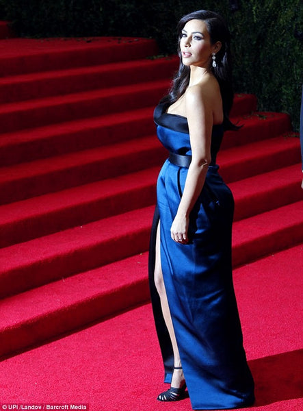 Blue Black Kim Kardashian Strapless Slit Dress Satin Prom Red Carpet Formal Dress Met Gala