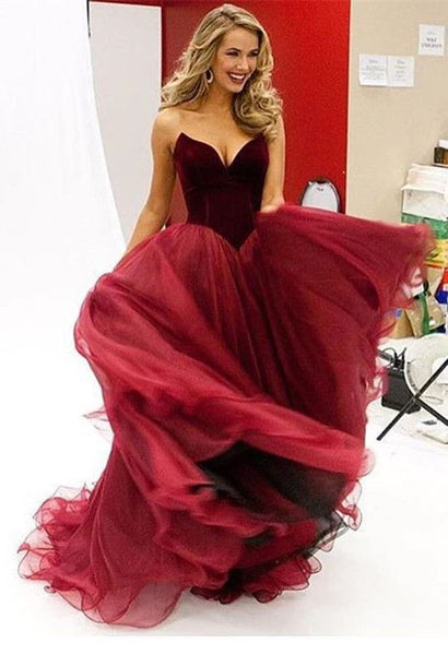 Red A Line Chiffon Velvet Strapless bodice Prom Dresses