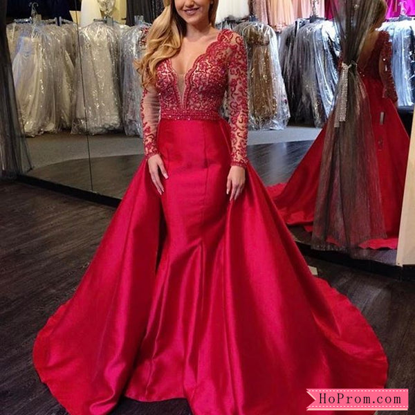 Red Long Sleeve Pageant Prom Dress Lace Bodice with Lace Beadings