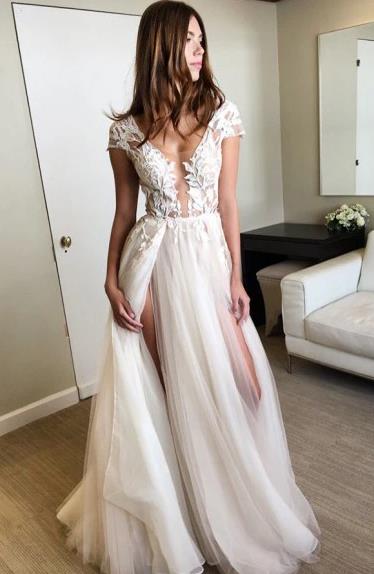 Short Sleeve Appliques Ivory Tulle Prom Dresses Slit Evening Dress