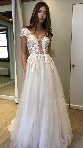 Short Sleeve Appliques Ivory Tulle Prom Dresses Slit Evening Dress