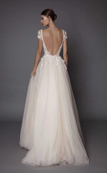 Short Sleeve Appliques Ivory Tulle Prom Dresses Slit Evening Dress
