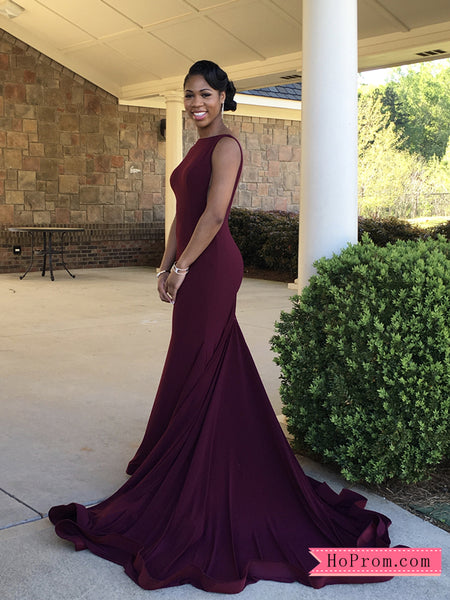 Burgundy High Neck Low Back Prom Dress Fitted Long jersey