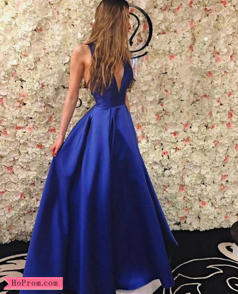 Blue V-Neck Mikado Ball Gown Prom Dress with Bow Back
