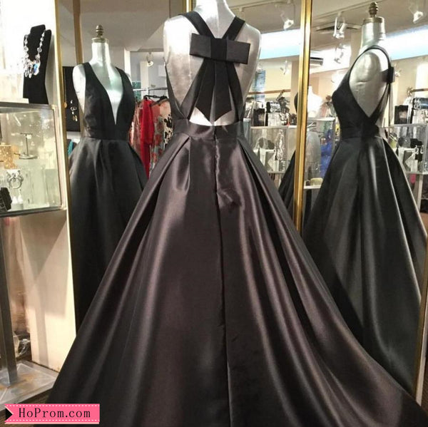 Grey V-Neck Mikado Ball Gown Prom Dress with Bow Back