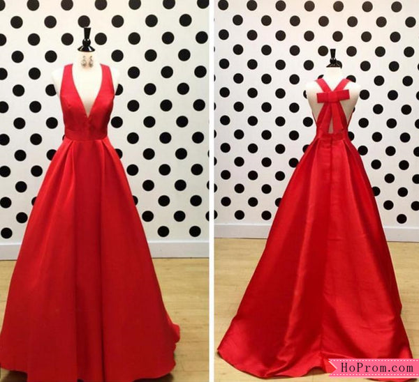 Red V-Neck Mikado Ball Prom Gown Prom Dress with Bow Back