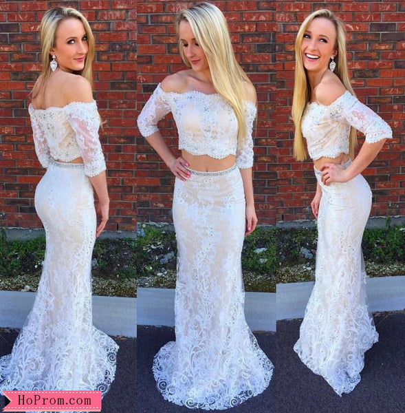 Lace Two Piece Prom Dress with 3/4 Length Sleeves