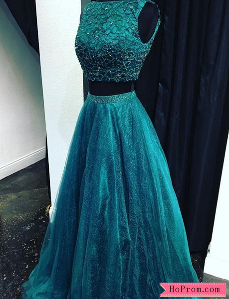 Two Piece Emerald Green Embellished Bodice Prom Dresses Ball Gown