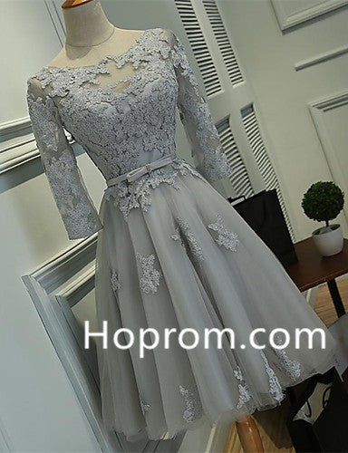Grey 3/4 Sleeve Homecoming Dress, Applique Chiffon Homecoming Dress