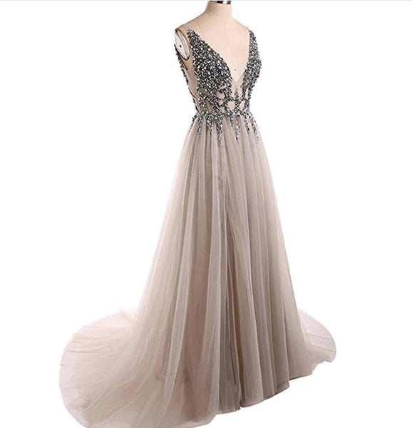 Sexy Open Back Prom Dresses Beading Tulle Saprkly Slit Evening Dress