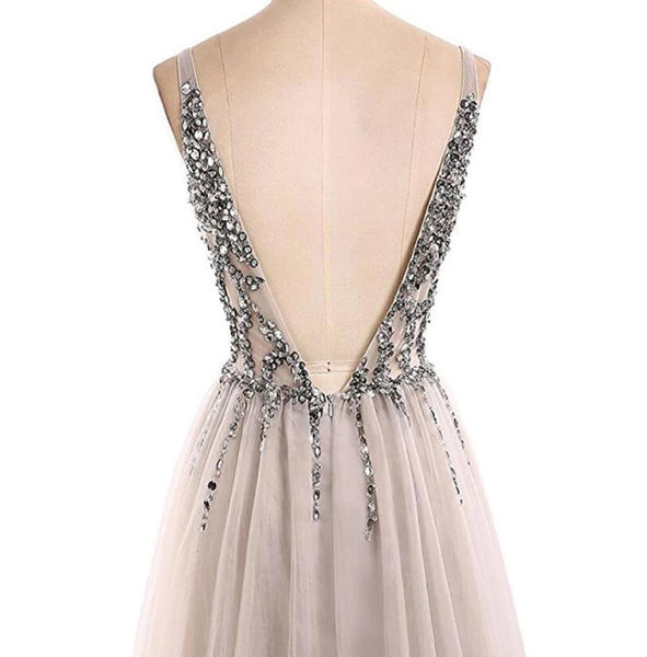 Sexy Open Back Prom Dresses Beading Tulle Saprkly Slit Evening Dress
