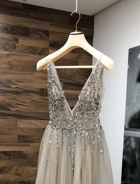 Sexy Open Back Prom Dresses Beading Tulle Saprkly Slit Evening Dress