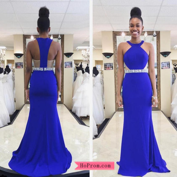 Blue Stretch Jersey Prom Dress Gown with Halter Top and Cutout Sides