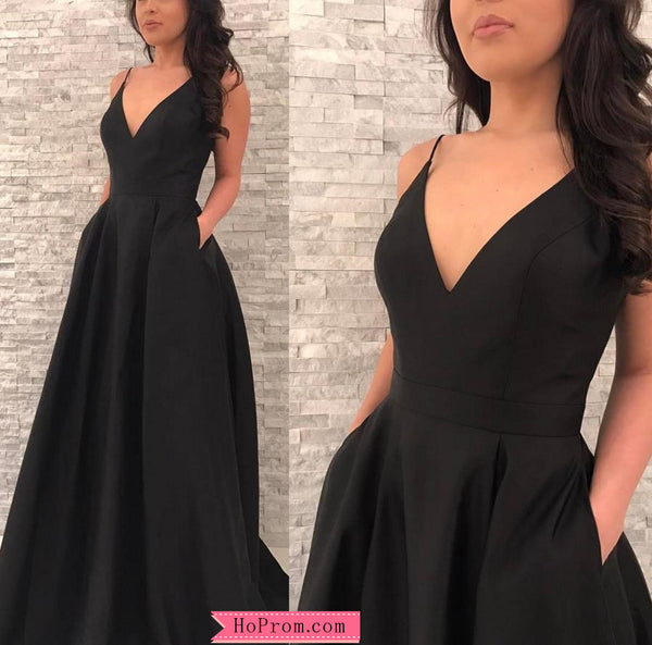 Black Spaghetti Straps A-line Prom Dress Satin V Neckline with Pockets