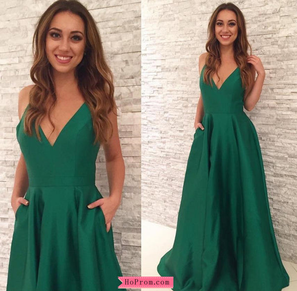 Spaghetti Straps A-line Green Prom Dress Satin V Neckline with Pockets