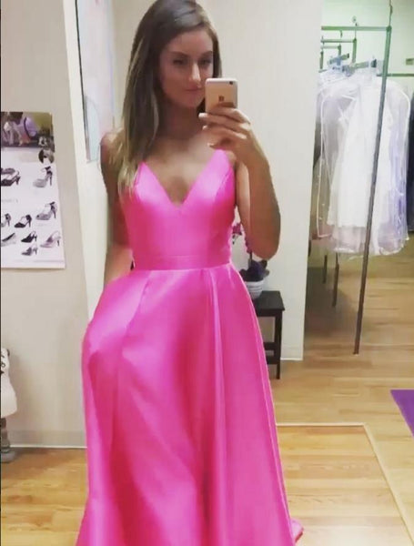Spaghetti Straps A-line Pink Prom Dress Satin V Neckline with Pockets