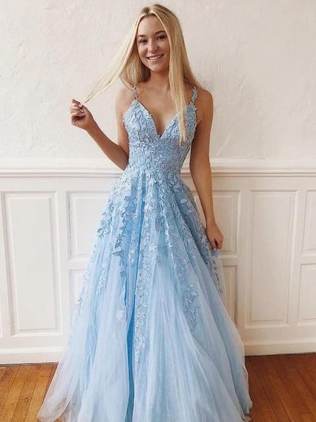 3D Flowers Straps Blue Applique Prom Dresses A Line V Neck Evening Dresses Blue, Red & Pink 3 Colors