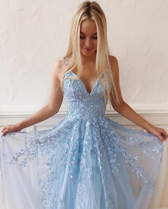 3D Flowers Straps Blue Applique Prom Dresses A Line V Neck Evening Dre –  Hoprom