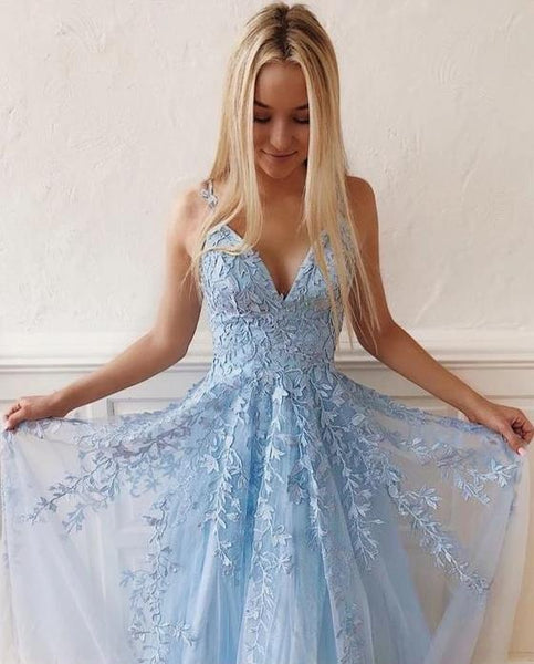 3D Flowers Straps Blue Applique Prom Dresses A Line V Neck Evening Dresses Blue, Red & Pink 3 Colors