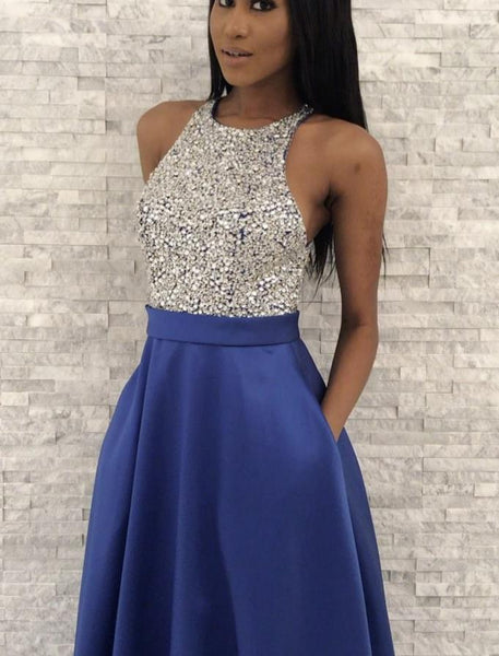 Blue Jeweled Bodice Satin Ball Gown Prom Dress