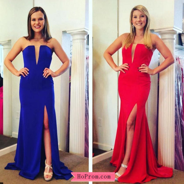 Red Deep Plunging Neckline Prom Dresses High Slit