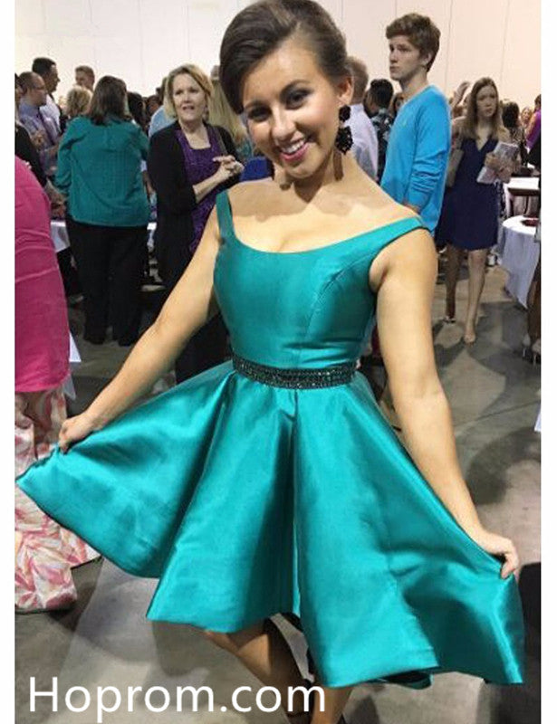 Satin Turquoise Party Dresses Beaded Formal Homecoming Dresses