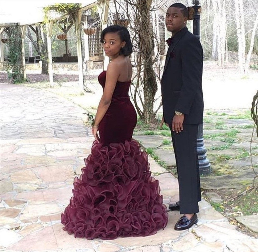 purple burgundy prom dress open lace back dress Burgundy Long Mermaid One Shoulder Ruffle Satin Prom Dress with Slit