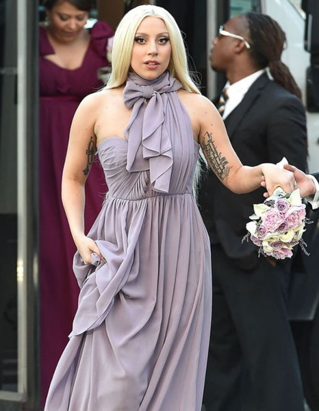 Lilac Lady Gaga Halter Bridesmaid Dress Wedding Choker Neck Prom Celebrity Formal Gown