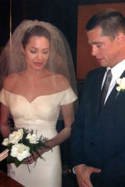 White Angelina Jolie Cup Sleeves Tea Length Wedding Dress Celebrity Bridal Dress For Sale