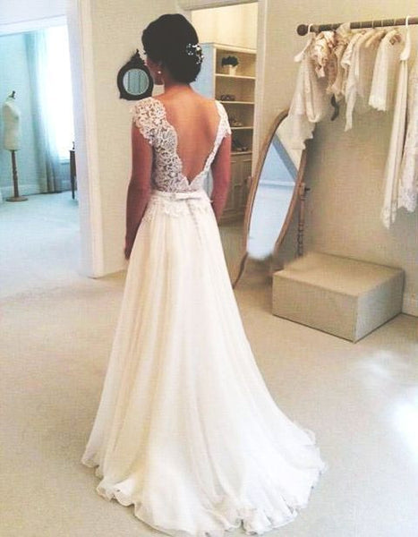 Open Back Wedding Dress, Lace Bodice Bridal Wedding Gown