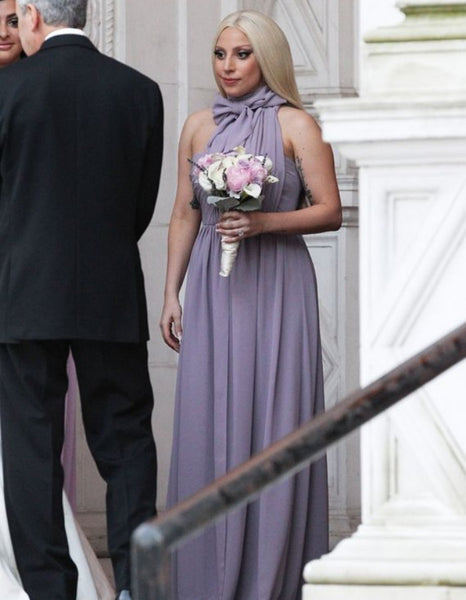 Lilac Lady Gaga Halter Bridesmaid Dress Wedding Choker Neck Prom Celebrity Formal Gown