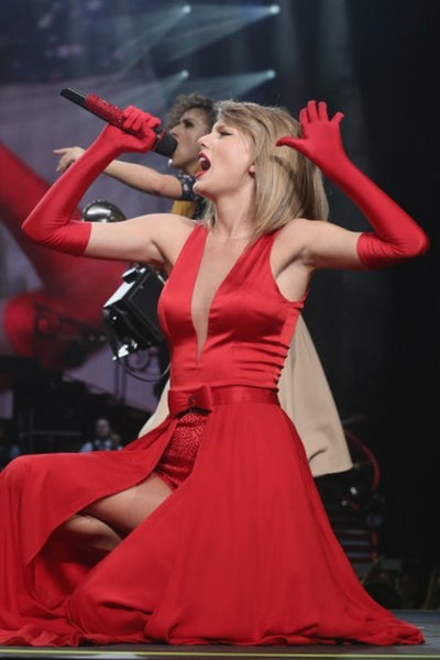 Red Taylor Swift V Neck Stain Dress Sleeveless Prom Red Celebrity Dress Red Tour