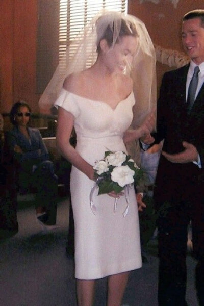 White Angelina Jolie Cup Sleeves Tea Length Wedding Dress Celebrity Bridal Dress For Sale