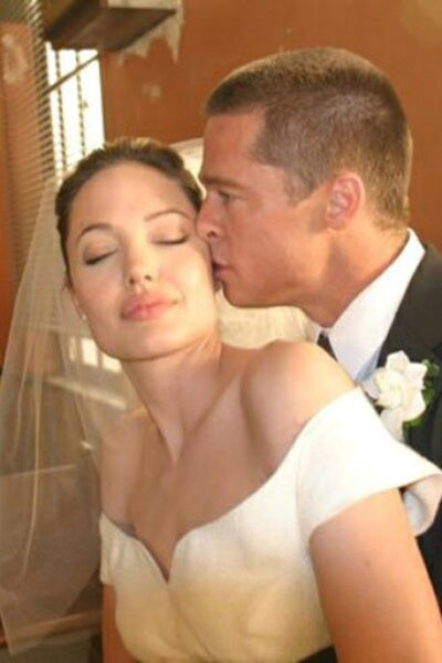 White Angelina Jolie Cup Sleeves Tea Length Wedding Dress Celebrity Bridal Dress For Sale
