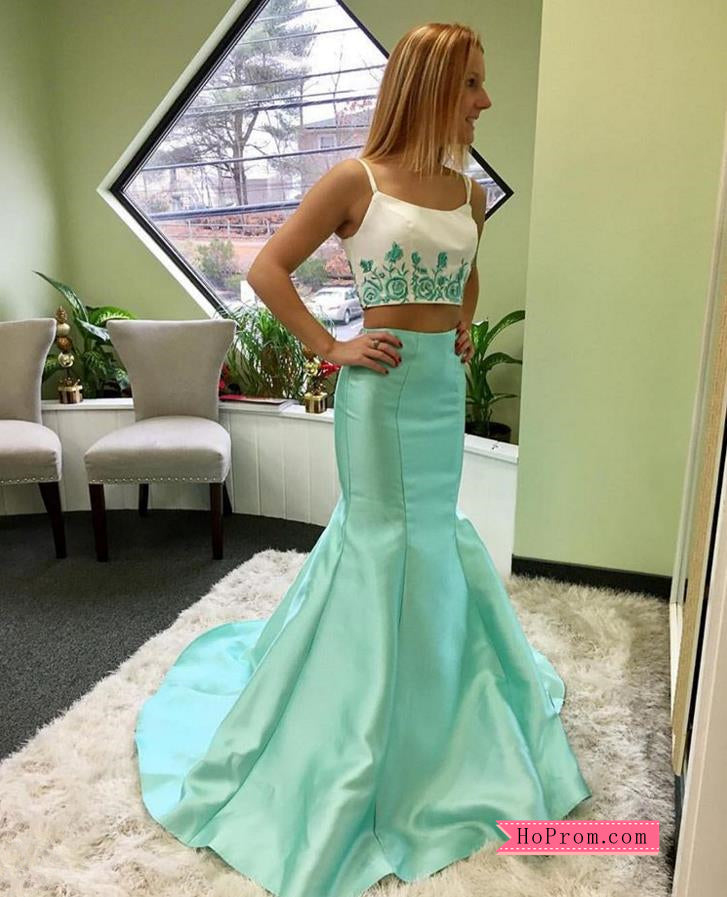 Two Piece Blue Floral Appliques Mermaid Prom Dress Hoprom Two Piece Blue Floral Appliques Mermaid Prom Dress Hoprom