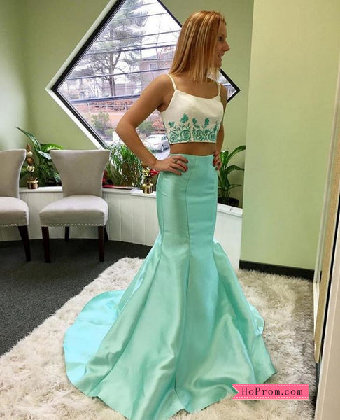 Two Piece Blue Floral Appliques Mermaid Prom Dress