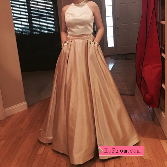 Two Piece Satin Ivory/Nude Halter Prom Dress Skirt with Floral Applique Pockets