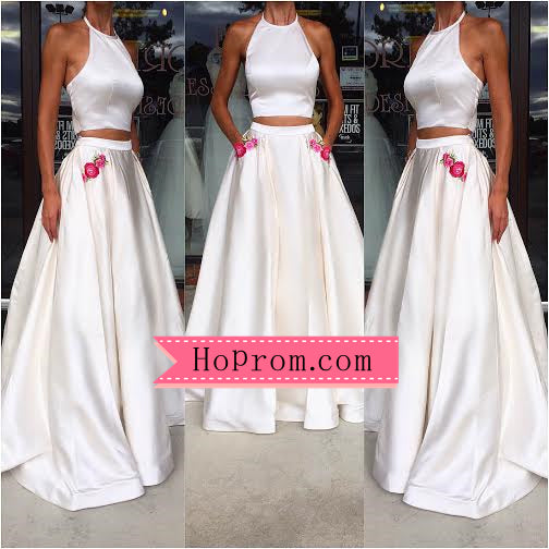 Two Piece Satin White Halter Prom Dresses Skirt with Floral Applique Pockets