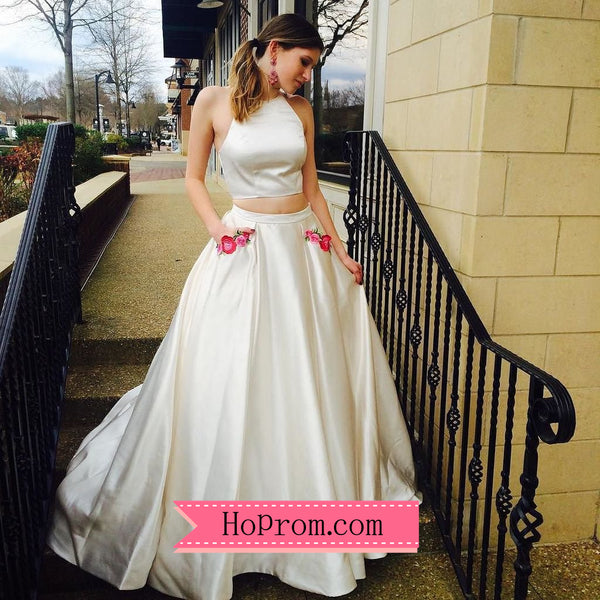 Two Piece Satin White Halter Prom Dresses Skirt with Floral Applique Pockets