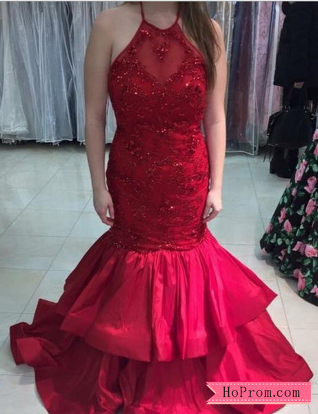 Lace Sequined Halter Mermaid Prom Dress Gown Ruffled Taffeta Skirt