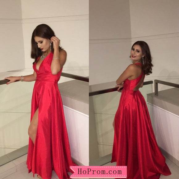 Long Low V-neck Sleeveless Prom Dress Side Front Slit