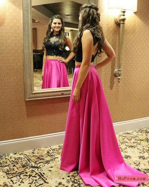 High Neck Two Piece Lace Top Prom Dress with Open Back
