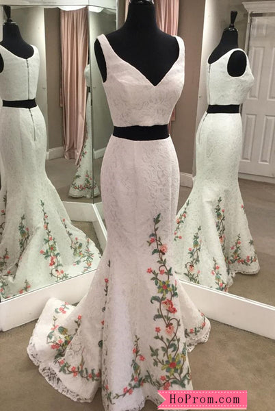Two Piece Long Floral White Prom Dress Lace Evening Dress Gown