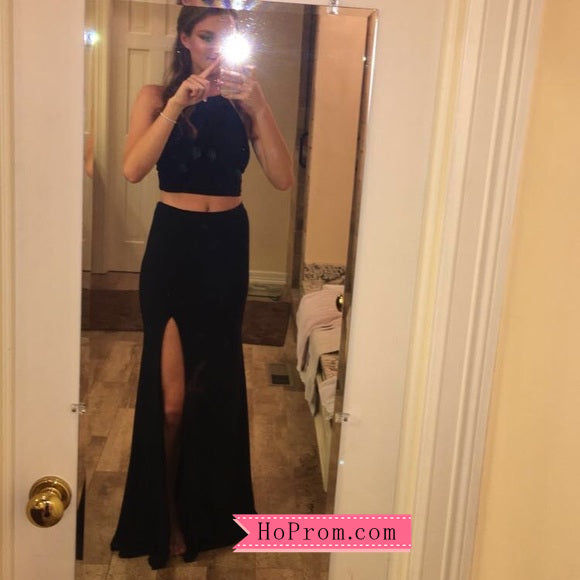 Two Piece Jersey High Neck Prom Dress Slit Skirt