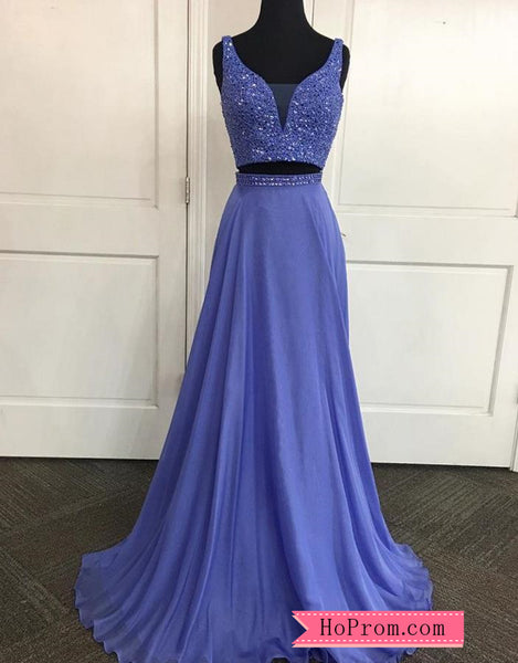 Jeweled V-Neck Tank Straps Two Piece Prom Dress Pageant Dress Open V-shaped Back