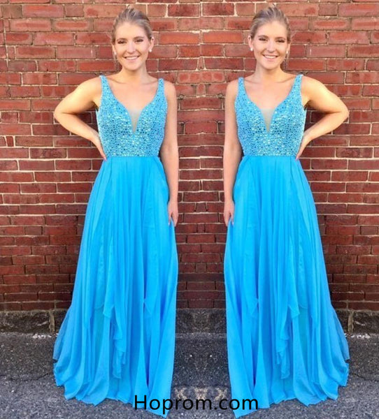 V neck Sequins Long Prom Dresses