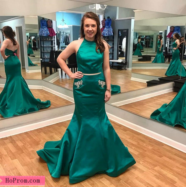 Two Piece Halter Mermaid Green Prom Dress High Neckline with Studded Pockets