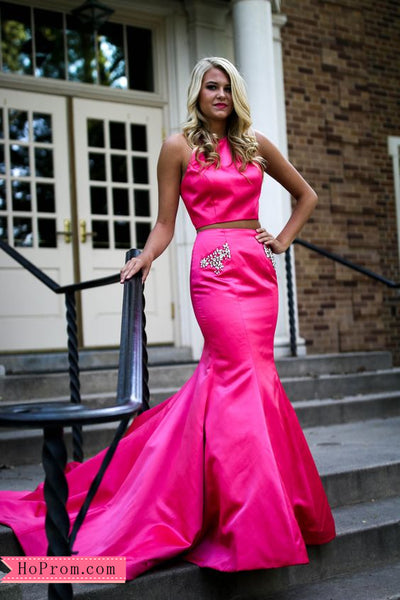 Two Piece Halter Mermaid Rose Pink Prom Dress High Neckline Studded Pockets